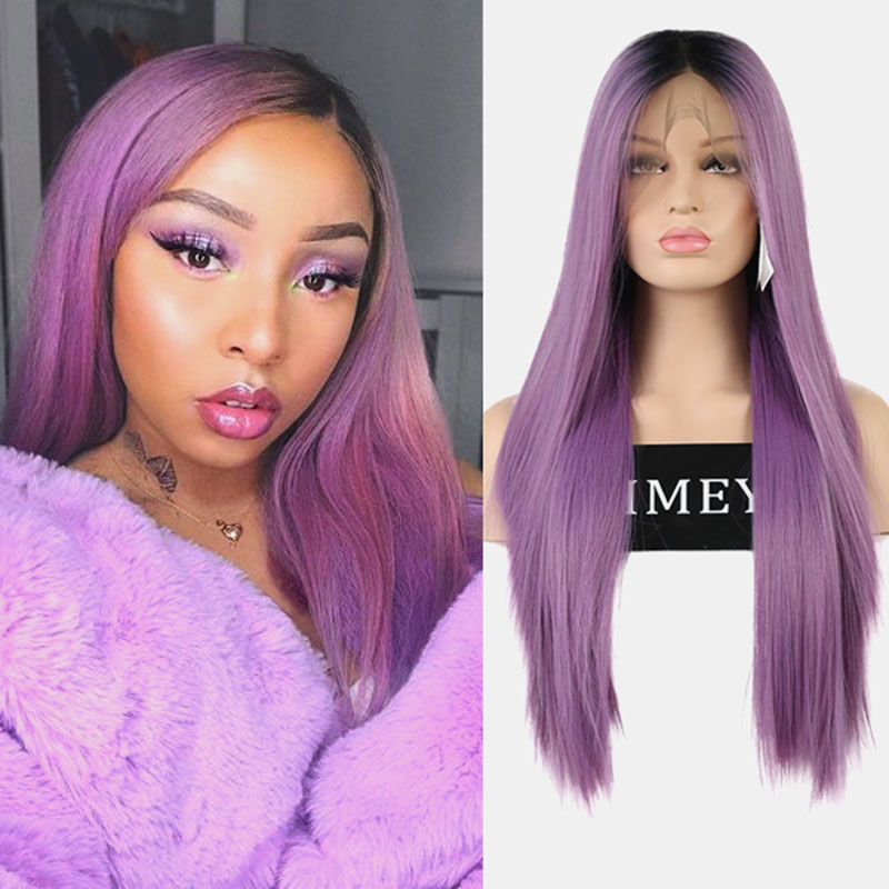 

AIMEYA Ombre Purple Lace Front Wigs for Women 13×6 Deep Part Heat Resistant Fiber Hair Half Hand Tied Synthetic Wig Middle Part, As pic