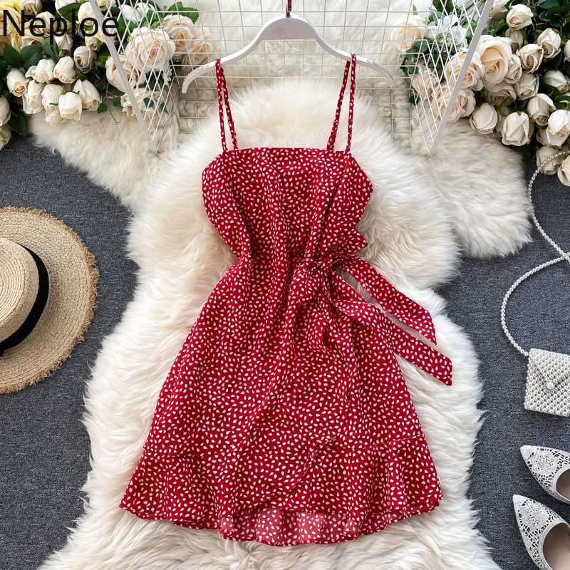 

Neploe 2020 Summer Chiffon Sexy Dress Elegant Printing Dot Women Dresses Sleeveless Bandage Dress Irregular Ruffles Vestidos, Blue