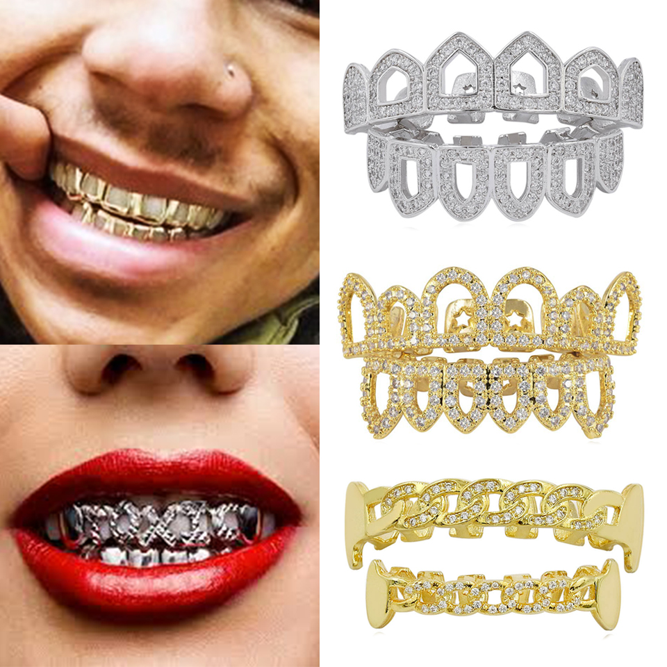 18K Real Gold Diamond Hollow Teeth Grillz Dental Mouth Iced Out Fang Grills Braces Tooth Cap Vampire Full Diamond Punk Hip Hop Rapper Jewelry for Men Women Wholesale