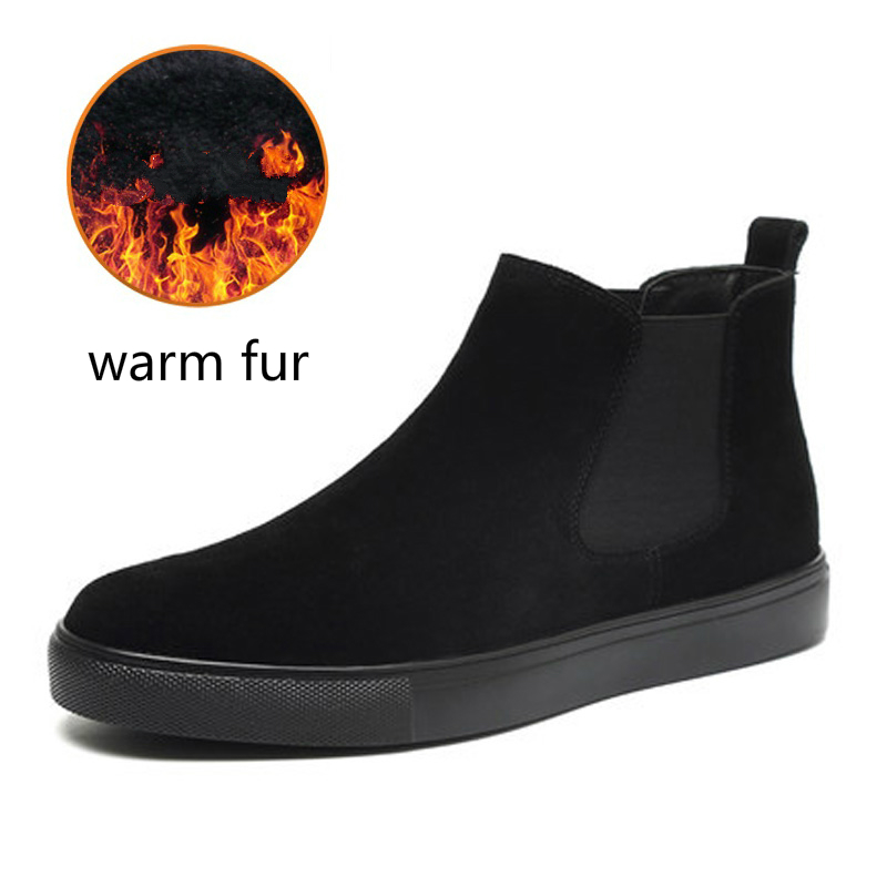 

large size men's casual warm snow boots outdoors cow leather cotton winter shoes flats platform ankle boot botas sapatos, Without fur