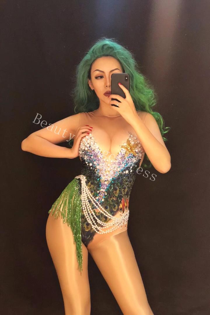 

Sparkly Rhinestones Pearls Chain Bodysuit Bright Green Fringe Leotard Singer Sexy Costume Nightclub Birthday Celebrate Costume, As picture