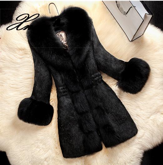 

2020 Winter Woman Coat With Fur Collar Female Black Outerwear Faux Fur Coat Outerwear, White