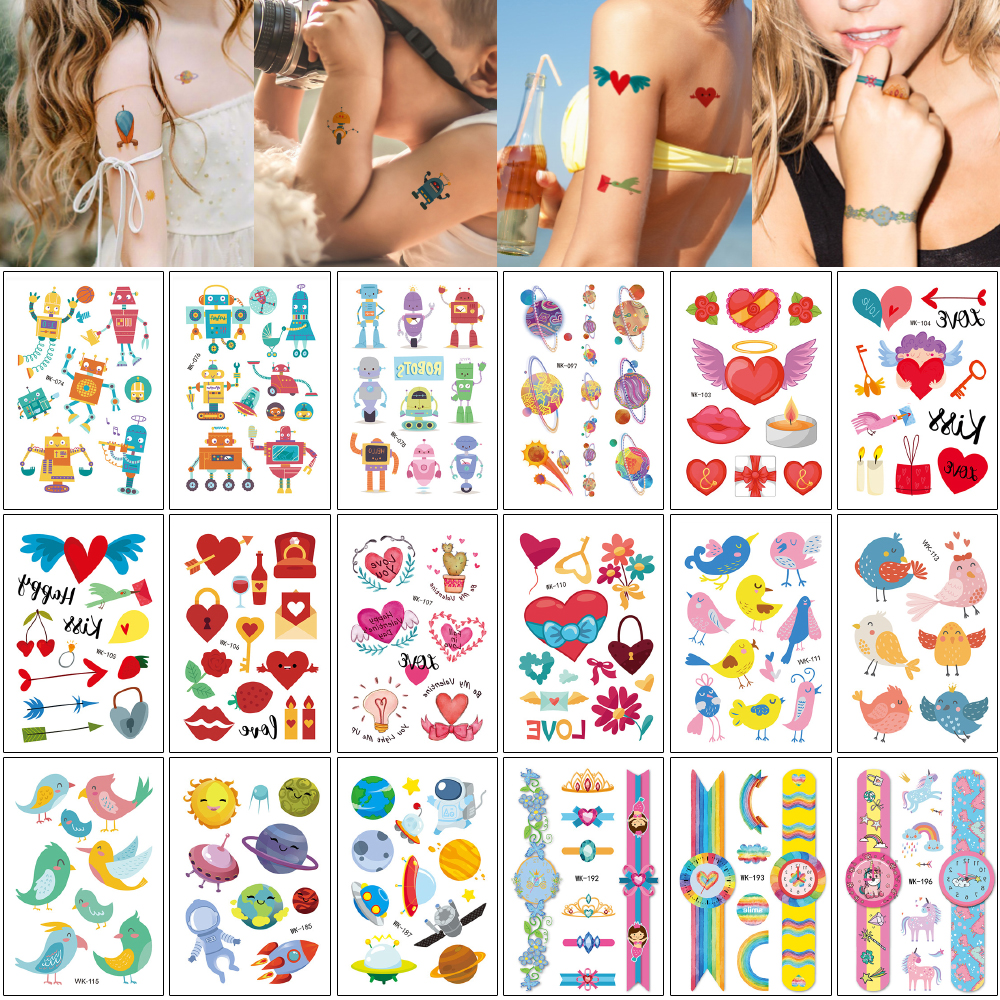 

11x7.5cm WK Cute Cartoon Temporary Tattoo Sticker for Kids Body Decal Heart Bird Robot Space Watch Design Waterproof Party Art Tattoo Makeup