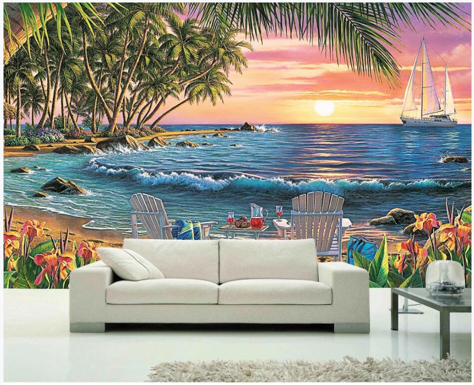 

3d wallpaper custom photo Coconut grove double beach chairs beautiful seaside scenery 3d wall murals wallpaper for walls 3 d living room, Non-woven