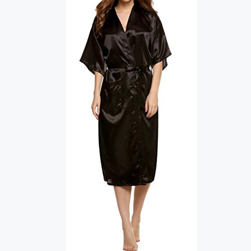 

Sexy Womens Silk Satin bathrobe Bridesmaid Nightwear Robes Long Classic solid Kimono Feminino female Peignoir Dressing Gown tenu, Black
