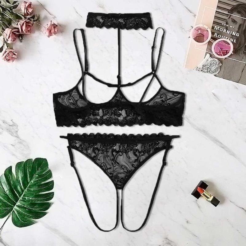 

Women Sexy Open Crotch Hollow Out Lingerie Black Plus Size M-6XL Bra Thong Set Lady G-string Nightwear Sleepwear ropa sexy N4