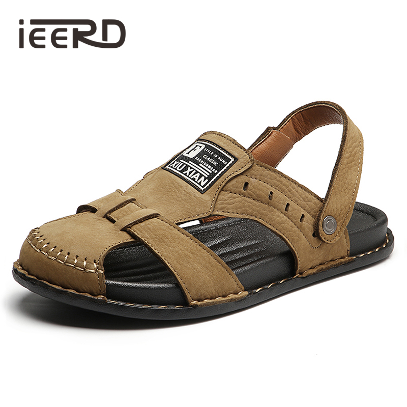 

Plus Size Cow Leather Men Sandals Sandalias Leather Men Summer Shoes Classics Comfort Beach Sandals Hollow Shoes Foot Wear, Black