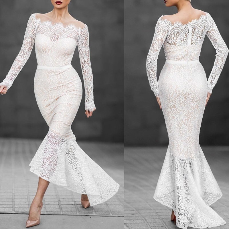 

Women white Long Sleeve Boat Neck Lace Fishtail Evening Prom White Dress, As pic