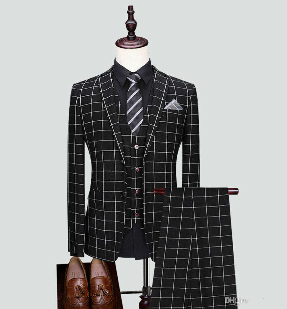 

Fashion Men Suit Black Check Design Suits 3 Pieces 2 Button Groom Wedding Formal Tuxedos Plaid Business Men Wear, Burgundy