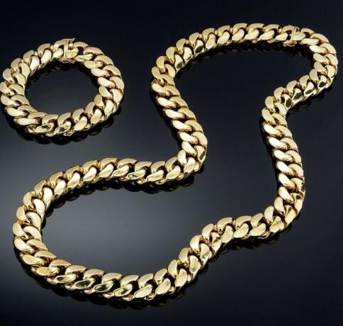 

14K Gold Plated Miami Cuban Heavy Link Hip Hop Chain and Bracelet Set For Men, Silver