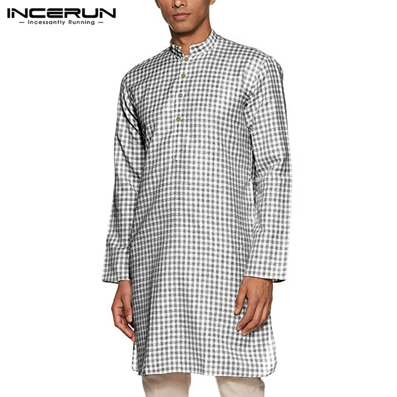 

INCERUN Men Long Shirt Plaid Long Sleeve Clothes Vintage Stand Collar Kurtas Streetwear Muslim Tops Casual Men Shirt 2020, Black