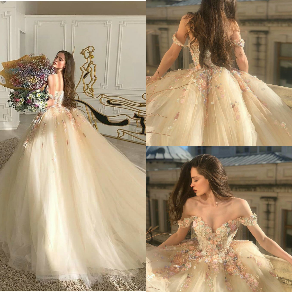 Fairy Evening Dresses Off The Shoulder A Line Lace Floral Appliques Prom Dress 2020 Tulle Custom Made Formal Party Gowns