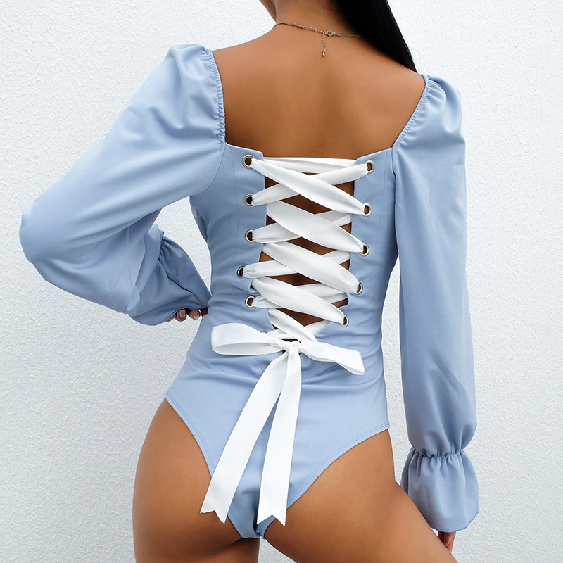 

2020 Sexy Backless Panelled Lace Up Square Collar new Style Bodysuits Women 2019 Long Flare Sleeve Open Crotch Bodysuit, 3#