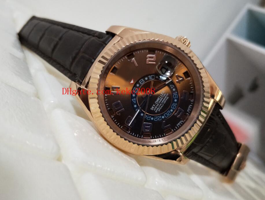 

High Quality Wristwatches 42mm Brown Sky Dweller 326935 GMT Working 18k Rose Gold Leather Bands Mechanical Automatic Mens watch Watches