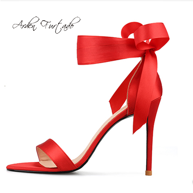

Arden Furtado 2020 Summer Fashion Women's Shoes pink red sexy ribbon Sandals Narrow Band stiletto heels party shoes 44 45