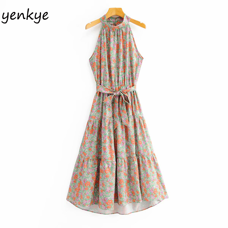 

Floral Print Halter Dress Women Sleeveless Sashes A-line Long Dress Female Holiday Summer Beach Boho Plus Size SYJZ471, As pic