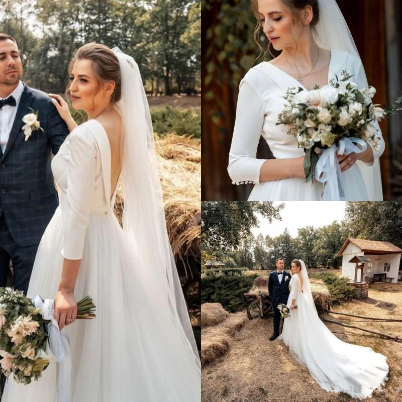 

Country A Line Tulle Summer Wedding Dresses with Buttons Long Sleeves V Backless 2020 Cheap Wedding Bridal Gowns, Silver
