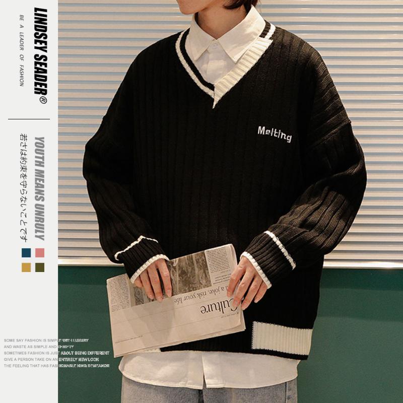 

Women Mens Sweater Men Pullover Knitwear V-neck Collar Sweaters Striped Style Solid Color Warm Winter Inside Outwear Sweater, Red