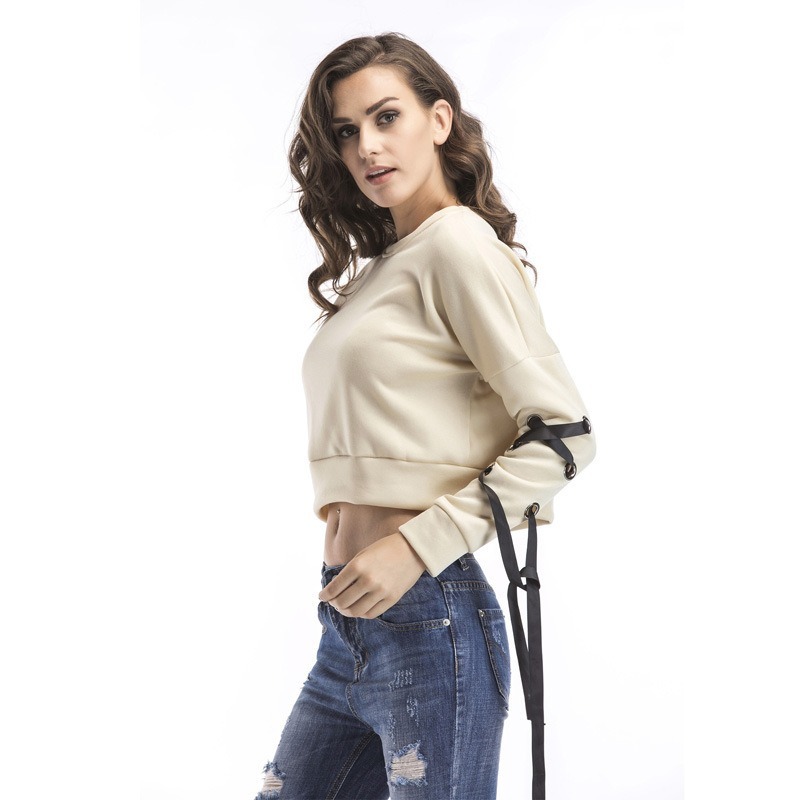 

Women Solid Hoodie Ladies Tie Cotton Casual Long Sleeve Fashion Cute Beige Grey Short Pullovers