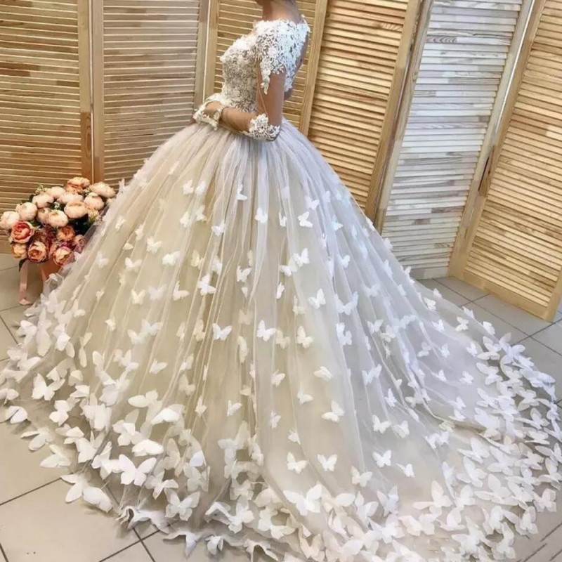 

3D Butterflies Appliques Wedding Dresses Lace Top Sheer Long Sleeves Bridal Gowns Custom Made Tulle Sweep Train Wedding Vestidos Custom Made, Ivory