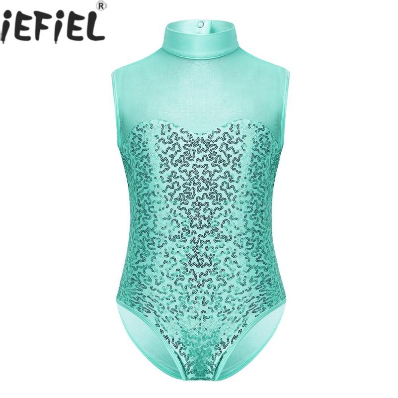 

Kids Girls Sparkly Sequins Sleeveless Tulle Splice Ballet Dance Costumes Gymnastics Professional Competition Leotard Jumpsuit, Black