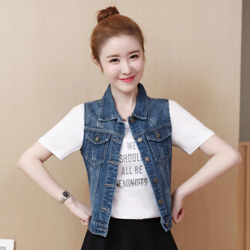 

Autumn Women' Denim Vests Coat Sleeveless Casual Tops Female Jeans Waistcoats Denim Short Jackets Plus size  5XL, Denim blue 1