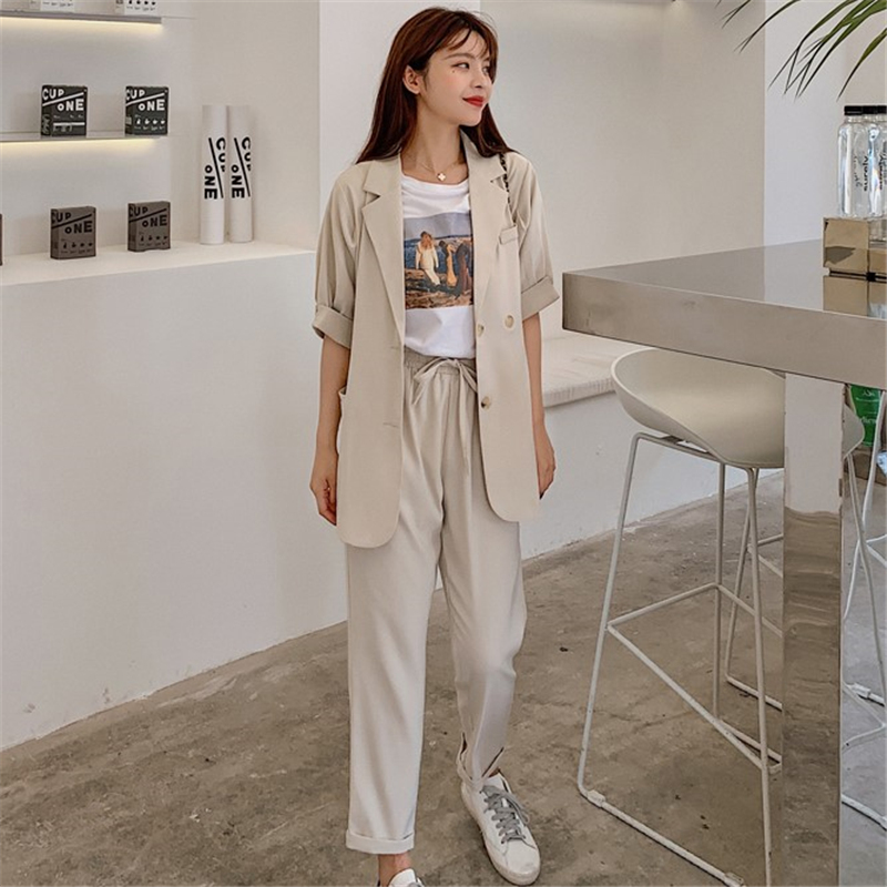 

Summer Women Pant Suits Short Sleeve Jacket & Elastic Waist Pant 2020 Female Blazer Set Casual 2 Pieces Set Femme clothes, Green