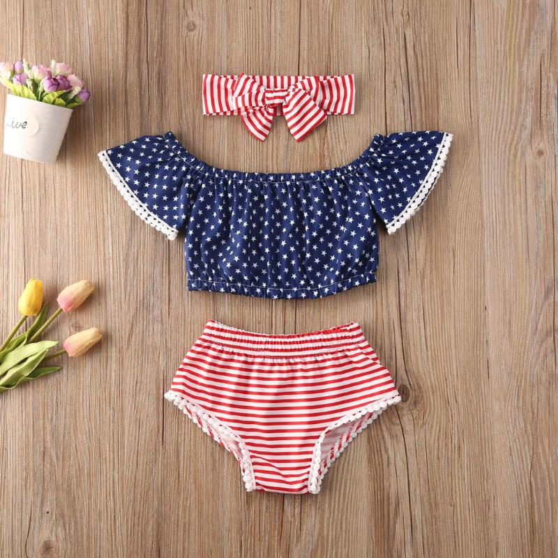 

2020 Independence Day 4th of july outfit baby Kids Girls Clothes Stars Stripes Shorts Set off-shoulder Jumpsuit Clothing Set, Blue