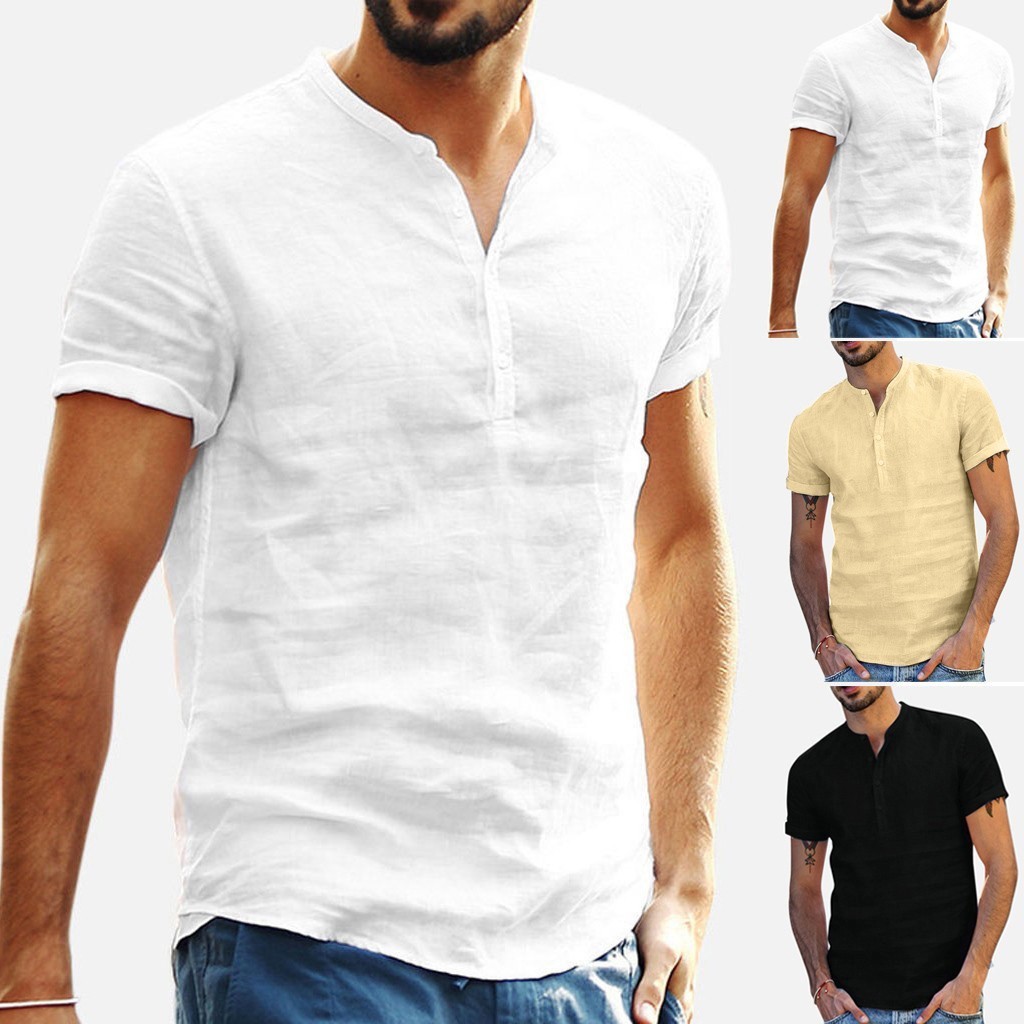 T-shirt de lin de lin pour hommes T-shirt Casual V-Colton Bouton Down T-shirts Fit Coton Linge en coton Sleeve Basic Top MX200509