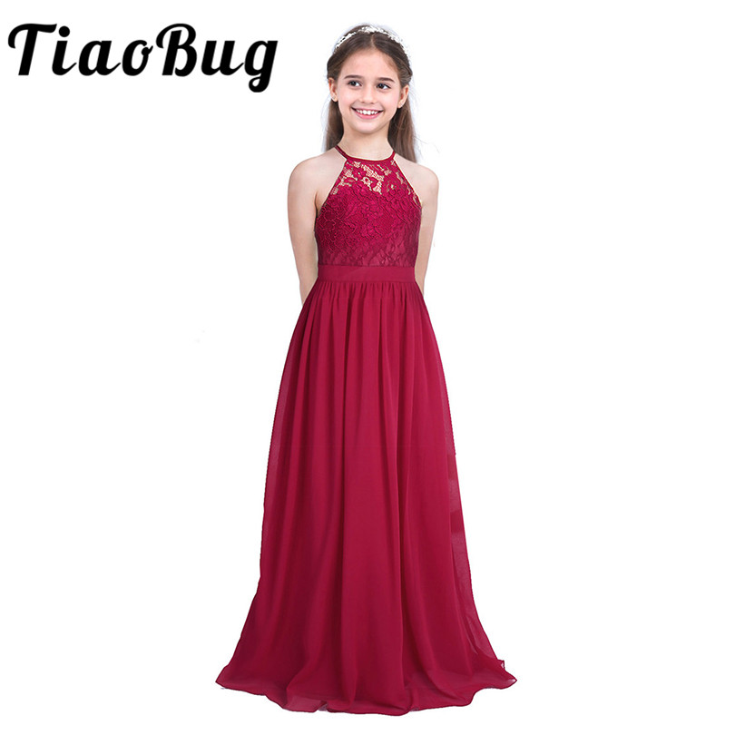 

Tiaobug Embroidered Flower Girls Dress Halter Sleeveless Bridal Wedding Prom Party Formal Occasion Teenage Floor Length Dress, Burgundy