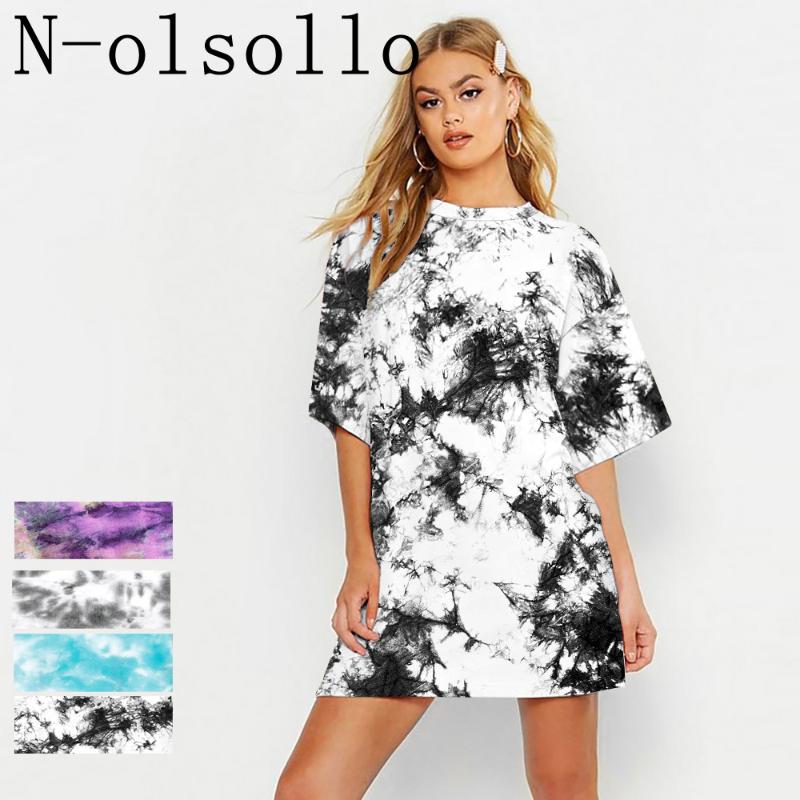 

N-olsollo Purple/Blue/Grey/Black Tie-Dyed Graffiti Women Big Size Long T shirt Short Sleeve O neck Knitted Tshirts Loose Tee Top, Bam041