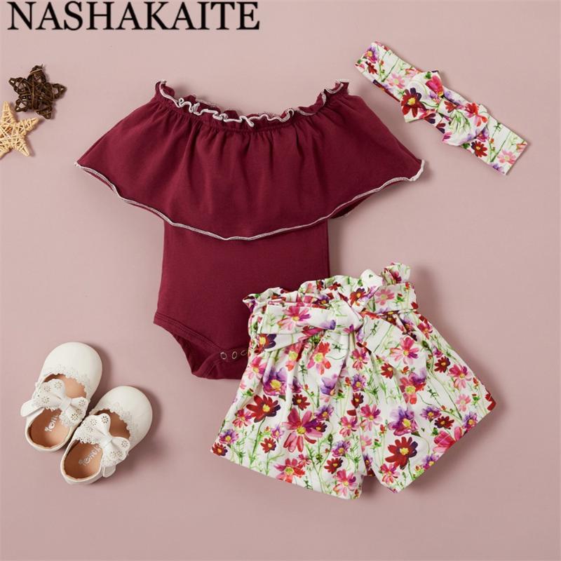 

NASHAKAITE Baby Girl Clothes Girl Romper Set 3-piece Solid Flounced Bodysuit and Allover Shorts Baby Set Newborn Clothes, Wine