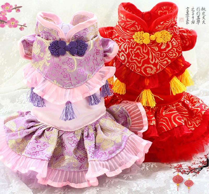 

Free shipping dog clothes a chaplet and official robes gold embroidery tassels dog dress pet cat clothing dropship poodle, Red