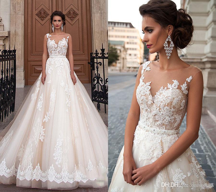 

Elegant Lace Wedding Dresses Sheer Jewel Neckline Appliqued Tulle Chapel A-Line Backless Bridal Gowns With Beads Sash, Silver
