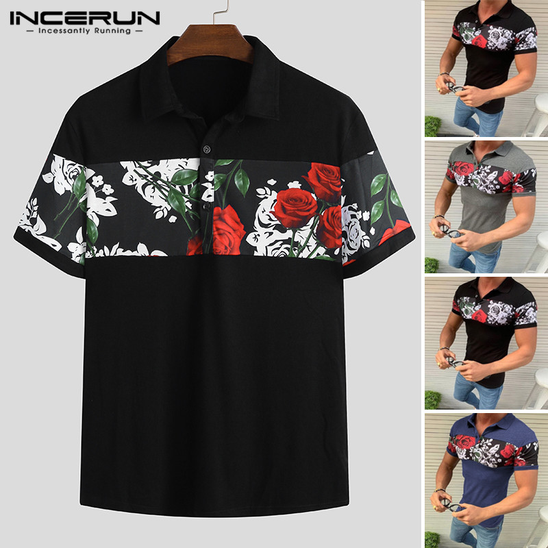 

INCERUN 2020 Summer Men Short Sleeve Flower Printed Shirts Fashion Turn-down Collar Patchwork Slim Shirt Casual Streetwear Tops, Grey