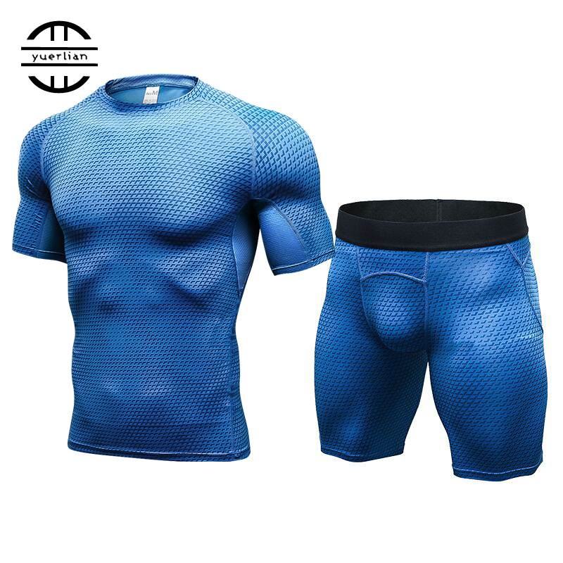 

2020 2 Pieces Sport Suit For Men Short Sleeve T-shirt + Shorts Fitness Tight Running Set Quick Dry Compression Men' Sportswear Gym Clothing, Red