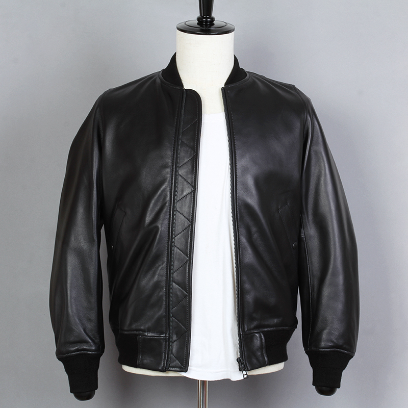 

Style Japanese Sheepskin Slim Fit Thread Baseball Spring Autumn Genuine Leather Jacket Men Casual Coat, Black