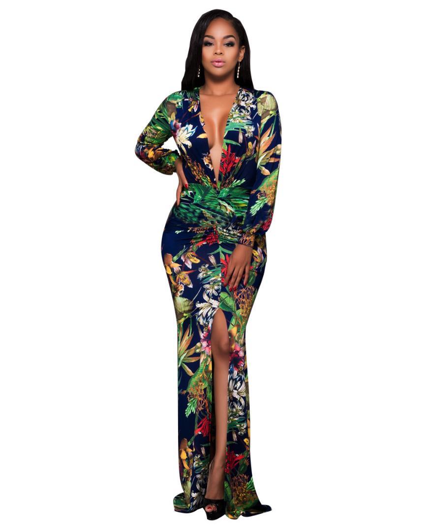 

Elegant Sexy Print Dress for Women Sheath Long Sleeve Women Dresses V Neck Floor-Length Long Summer Clothes for, Multi