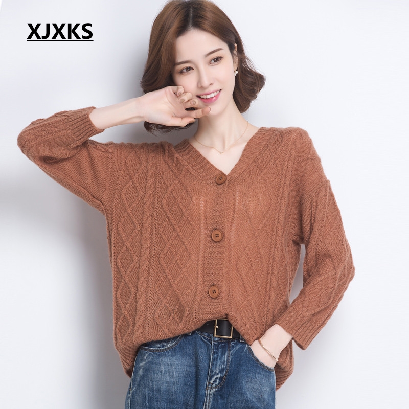 

XJXKS Women Knitted Cardigan Coat New 2020 Spring Casual V-Neck Long Sleeve Crochet Knit Sweater Coat Female Tops, Beige