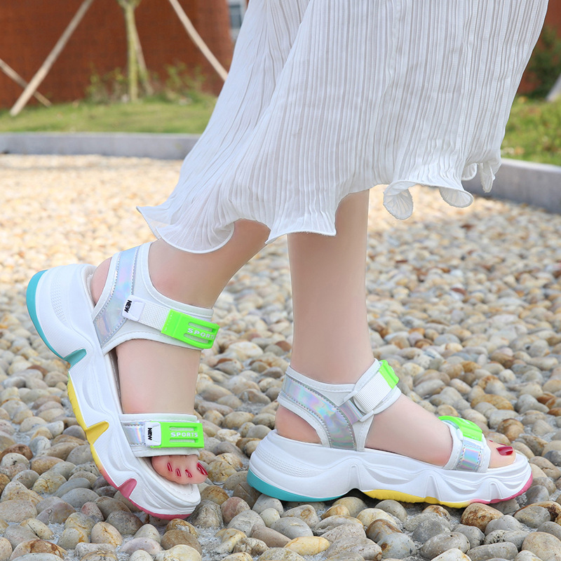 

Women Summer Rainbow Platform Sandals Fashion Flat Sports Casual Sandals Hook&Loop Red Green Shoes Large Size 42