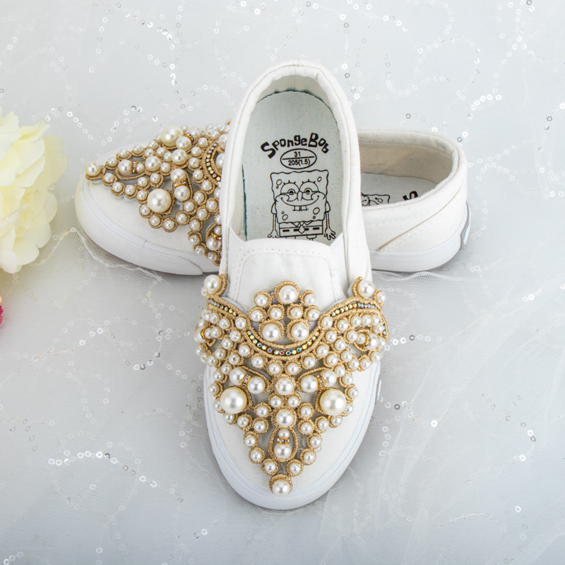 

Girls Shoes Autumn New Flats Handmade Pearl Rhinestone Running Shoes Casual, Black
