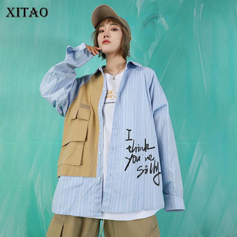 

XITAO Minority Letter Striped Blouse Fashion New Women 2020 Spring Full Sleeve Elegant Goddess Fan Casual Shirt Clothes DMY3530, Blue dmy3530