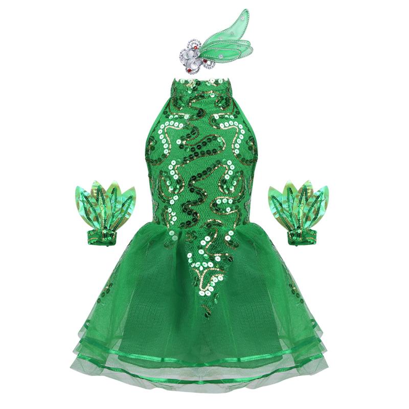 

Kids Girls Sleeveless Shiny Sequins Mesh Tutu Ballet Dress Children Stage Performance Jazz Dance Costume Headwear Wristband Set, Green