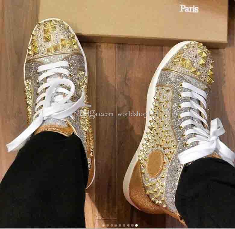 

Top Designer Bottom Red Sole Pik Spiked Flats Luxury Fashion Mens Women Party Lovers Genuine Leather Casual Shoes Gold Studded Wholesale Red