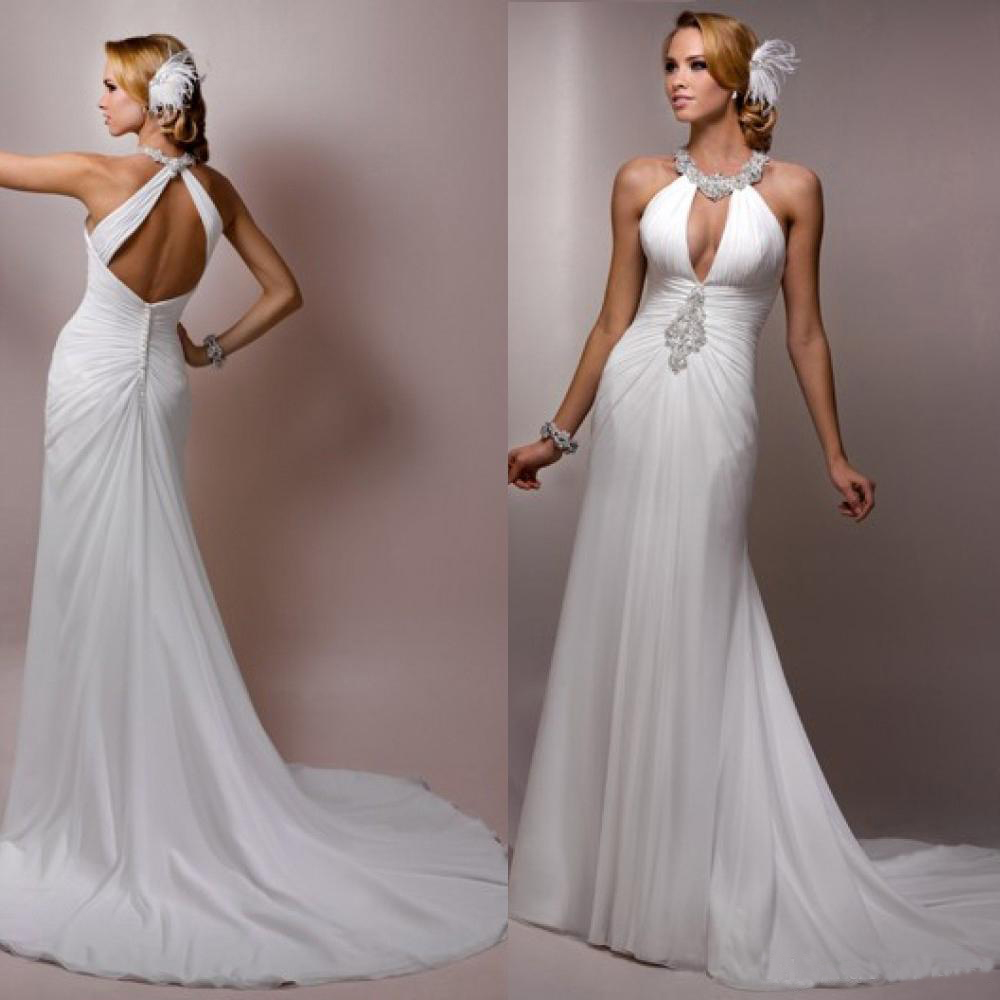 

Halter Beach Wedding Dresses Bridal Gown Backless Wedding Gowns Pleated Chiffon Plus Size Bohemian Appliques Beaded Bridal Dress, White