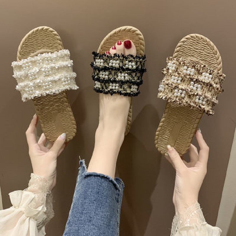 

Xiaoxiangfeng linen slippers women wear summer 2020 new wild cute word sandals and slippers women's shoes, Khaki