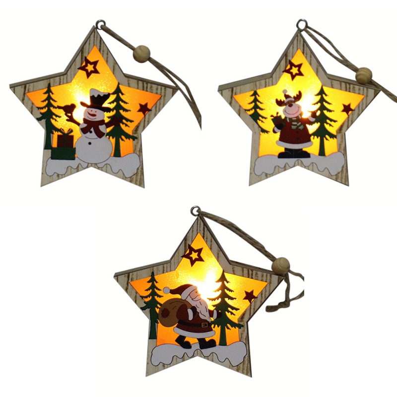 

Wooden Star Frame Christmas Ornament Lamp Luminous Xmas Tree Hanging Pendant Holiday Decor