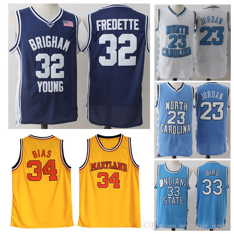 

Men NCAA Brigham Young Cougars 32 Jimmer Fredette Maryland Terps 34 Len Bias ISU Indiana State Jerseys Bird