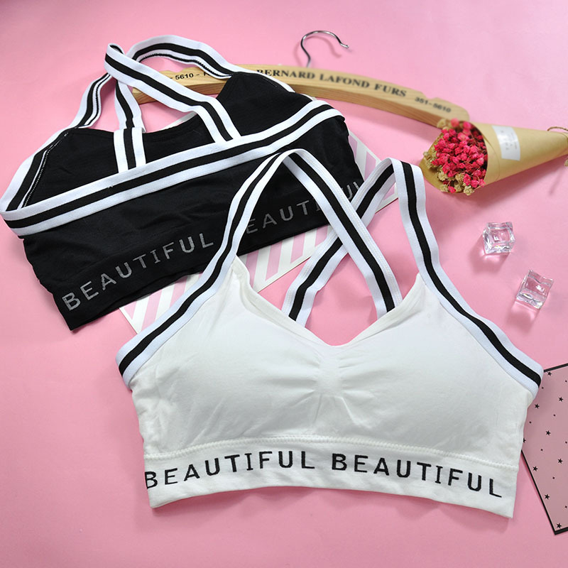 

Seamless Fitness Letter Print Cross Back Padded Bra Women Push Up Seamless Bra Tank Top Underwear Lingerie