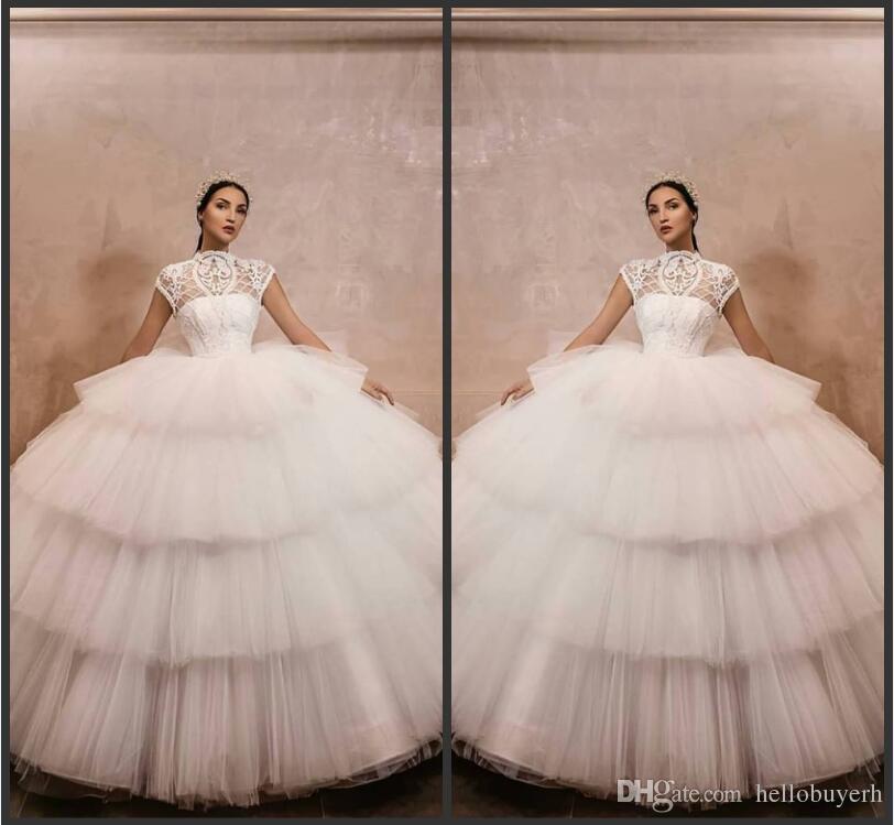

White Tulle High Neck Ball Gown Princess Vintage Wedding Dresses 2019 Empire Waist Wedding Dress Bridal Gown Abiti da sposa in spiaggia, Champagne